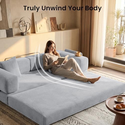 78.8" Convertible Futon Sofa Bed, Couch for Living Room | Corduroy Loveseat Sleeper Sofa, Modular Futon Couch with Storage Pocket, Pull Out Couch No Assembly | Grey
