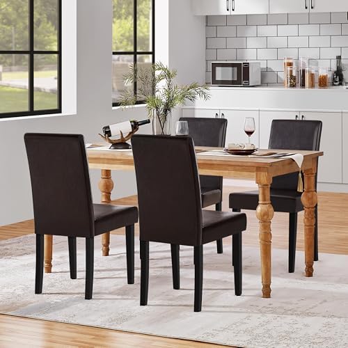 Yaheetech Dining Chairs Set of 4 Upholstered Kitchen Chairs Dark Brown | Faux Leather High Back Sillas De Comedor, Solid Wood Legs, Adjustable Footpads, Modern Armless Parson Chairs for Dining Room