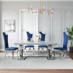 70 in Faux Marble Dining Table Set for 6, Large Kitchen Table and Blue Velvet Chairs, White Silver Modern Dinner Tables with Mirrored Stainless Steel Base, Luxury 7 Piece Dining Set