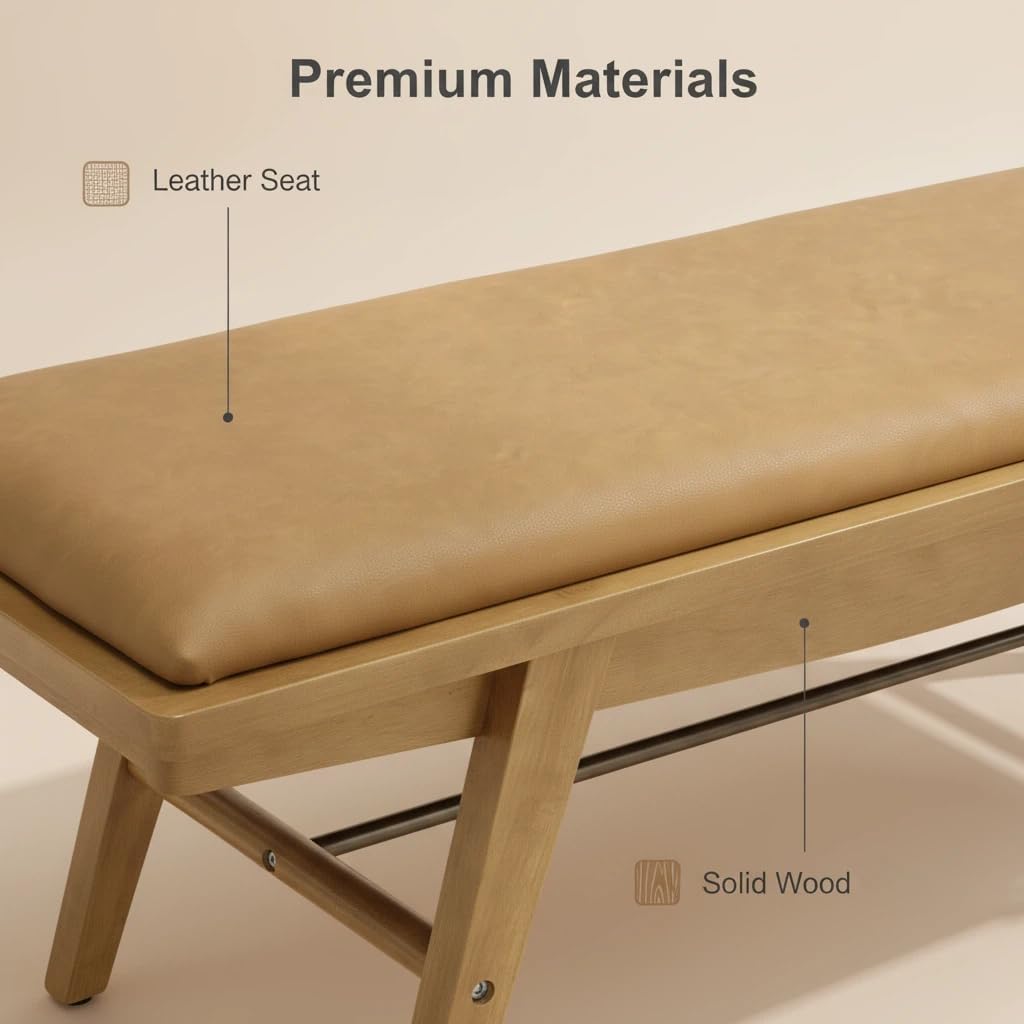 51'' Entryway Bench Leather Upholstered Shoe Benches Farmhouse Dining Table Benches for for Hallway Living Room Bedroom End of Bed, Brown