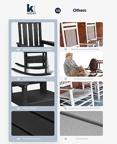 KINGYES Oversized Outdoor Rocking Chair Set of 2, HDPE Patio Rockers, Black | | All-Weather Patio Rocking Chairs for Porch | High Back & Wide Seat for Garden, Lawn