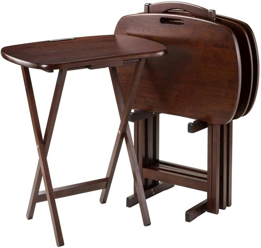 Furnifact Walnut Snack Table Set – Folding TV Trays with Stand for Dining, Working, and Serving – Space-Saving Table Trays for Any Living Room
