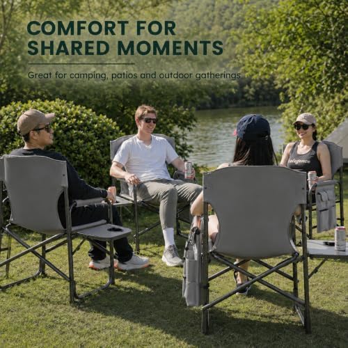 Colegence Oversized Directors Camping Chairs, 2 Pack, 600 lb, Black | Heavy duty outdoor chairs for adults, 28" wide seat, supportive back, side table, cup holder, detachable storage pocket