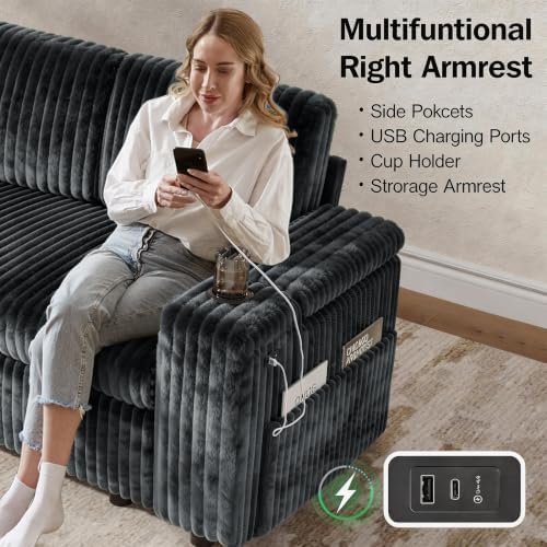 Vipbear 130" Modular Sectional Sleeper Sofa with Pull Out Bed, 9 Seat Corduroy L Shaped Couch with Ottoman and Chaise|USB Ports|Cup Holders|Side Table, Tool Free Assembly, Grey