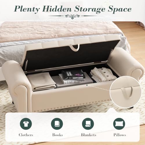Apicizon 51” Bench with Storage, Faux Leather Ottoman Bench with Rolled Arm & Vintage Rivets, End of Bed Bench for Bedroom, Living Room, Entryway, Beige+Brown Legs