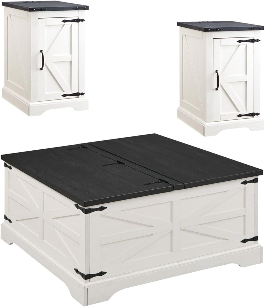 JXQTLINGMU 3-Piece Farmhouse Coffee Table and End Table Sets, Includeds 36" Lift Top Square Coffee Table w/Storage & 2 Rustic Wood End Tables w/Charging Station & Barn Doors for Living Room, White