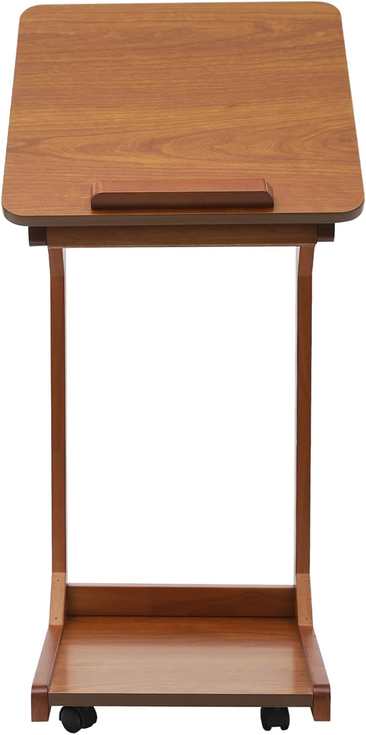 C-Shaped End Table, Couch Table with Adjustable Desktop, Small Rolling Side Table with 4 Universal Wheels for Living Room Bedroom (Walnut-Colored)