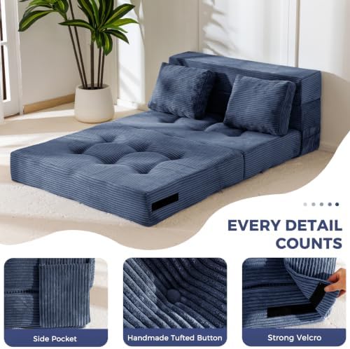 MAXYOYO Convertible Sofa Bed, Fold Out Sofa Couch with Pillow for Adults | Loveseat Sofa 4 in 1 Tufted Folding Couch Bed Foam Floor Couch, Lazy Chair for Living Room Bedroom Guest Room, Dusty Blue