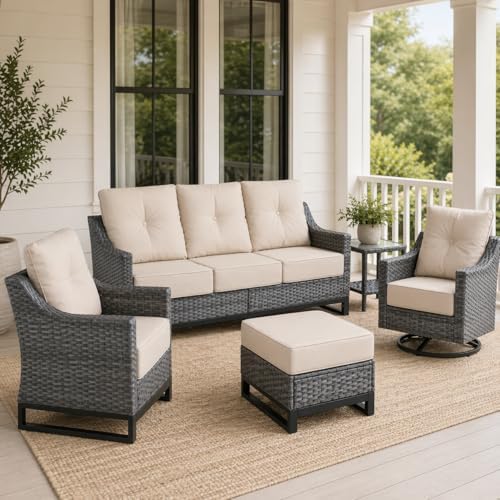 Outdoor Wicker 3-Seat Sofa, All-Weather PE Rattan Patio Couch with Cushions & Metal Frame for Backyard, Porch, Garden, Deck, Beige