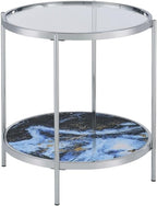 Pemberly Row 3-Piece Coffee & End Table Set, Engineered Wood, Blue Faux Marble & Glass, Chrome Frame, Contemporary Style Living Room Tables, Reversible Panels for Flexible Design