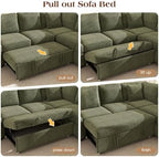 Ihanherry 7-Seater Large Sectional Sofa Bed with Storage Ottoman & Lovescat, Corduroy Modular Sleeper Sofa Set with USB Port & 4 Pillows, 106" U-Shaped Convertible Couch for Living Room（Green）
