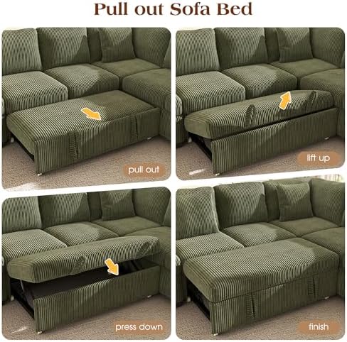 Ihanherry 7-Seater Large Sectional Sofa Bed with Storage Ottoman & Lovescat, Corduroy Modular Sleeper Sofa Set with USB Port & 4 Pillows, 106" U-Shaped Convertible Couch for Living Room（Green）