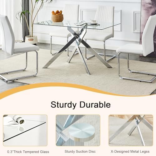 51in Glass Dining Table,Rectangular Kitchen Table for 4 Person with 0.39'' Tempered Glass Table Top and X-Design Metal Base,Modern Kitchen Dining Room Table for Home, Kitchen