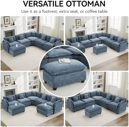 35‘’ Modern Chenille Cloud Sofa Ottoman,Rectangle Ottoman for Modular Sectional Sofa, Blue