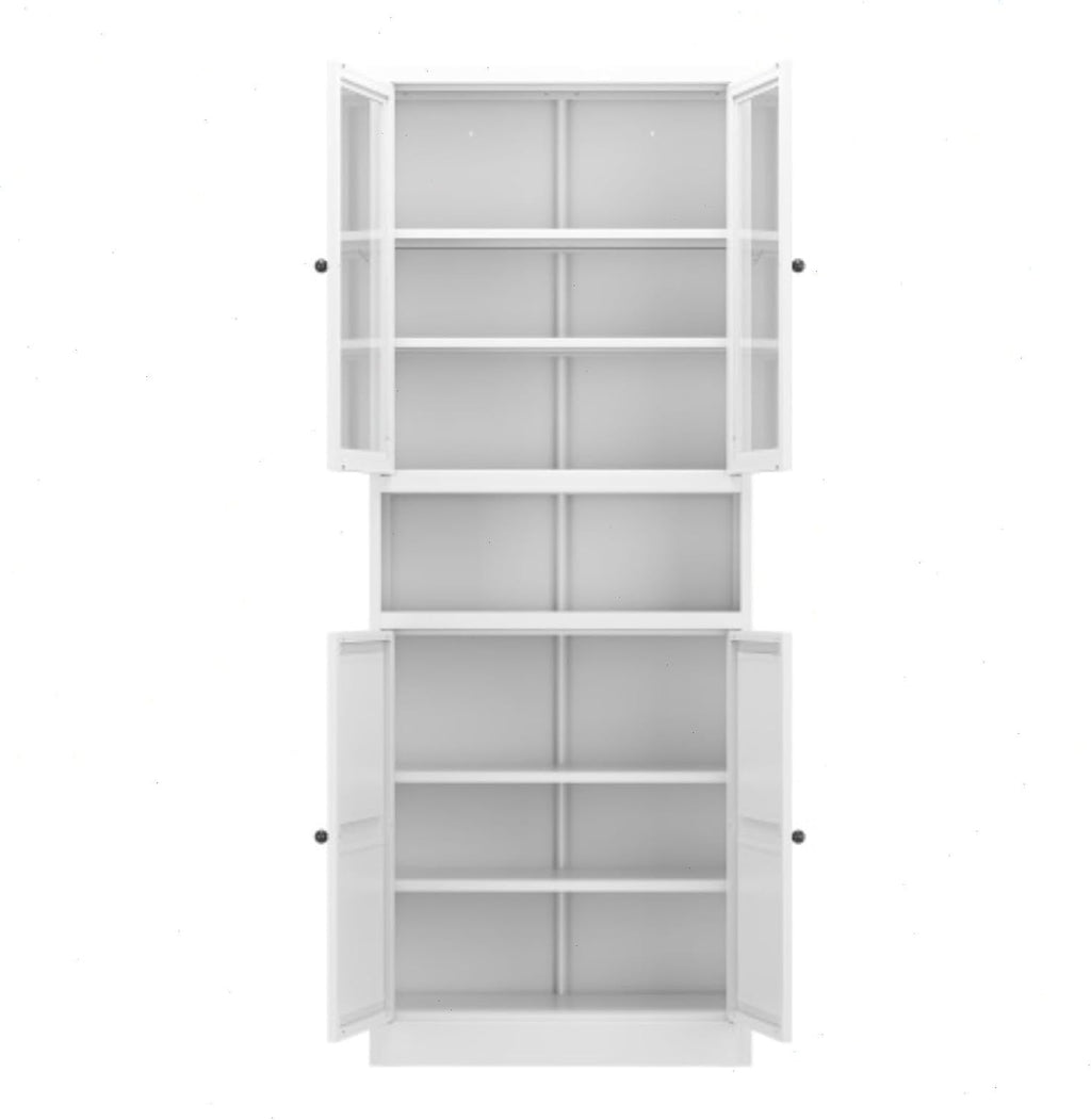 Kitchen Pantry Cabinet,72" White Pantry Storage Cabinet with Adjustable Shelves and Glass Doors,Freestanding Cupboard,Metal Pantry Cabinets with Handle for Living Room Kitchen Assembly Required