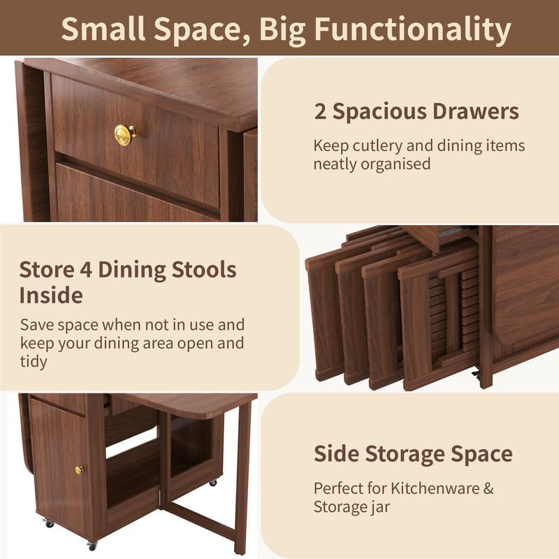 Folding Drop Leaf Dining Table and Hidden Chairs for Small Spaces Kitchen | Fully Assembled, Space Saving, Storage Table & 4 Lockable Wheels, Solid Wood & Wood Grain Finish, Walnut