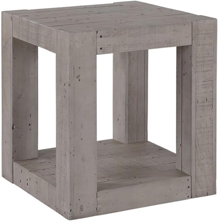 BOWERY HILL Contemporary Rectangular End Table, 22" Width x 24" Height, Reclaimed Solid Pine, Distressed Gray Finish, Bottom Shelf, Rustic Design for Living Room or Bedroom