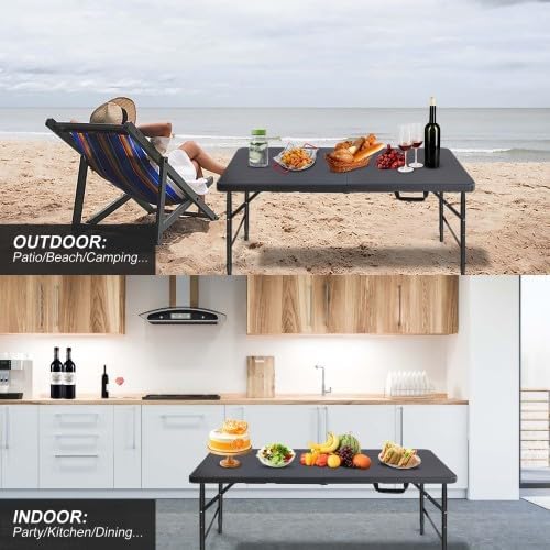 GlowSol Folding Table 4FT, Heavy Duty Portable Plastic Folding Table with Handle, Anti-Slip Feet, Waterproof, Easy to Clean, 300LBS Capacity, Foldable for Indoor Outdoor Use, Black