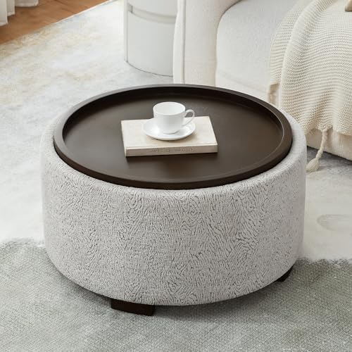 Zihanhome 30 Inch Round Storage Ottoman, Ottoman Coffee Table with Lift Off Lid, Boucle Modern Ottomans with Storage for Living Room, Bedroom, Apartments (White and Gray Striped)
