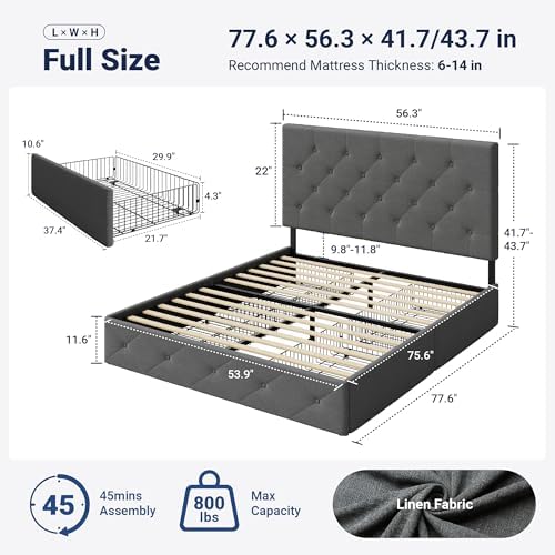 Allewie Full Size Storage Bed Frame with 4 Underbed Drawers, Light Grey