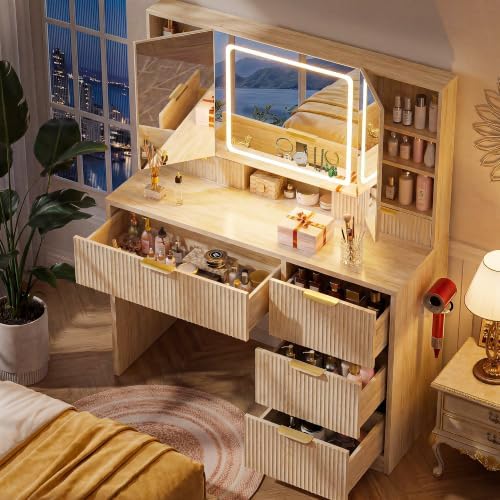 COMHOMA Vanity Desk with 3-Way Mirror and Lights, Makeup Vanity with 360° View Mirror, 3 Lighting Modes, 6 Drawers,Storage Cabinet Fluted Wood Vanity Table with Jewelry Hook for Women Girls