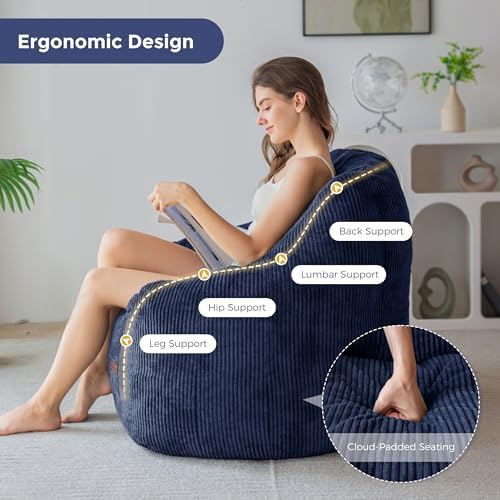 MAXYOYO Bean Bag Chair for Adults, Foam-Filled Floor Sofa for Reading | Bean Bag Chair for Adult with Filler, Cozy Living Room Chair for Bedroom Dorm, Navy