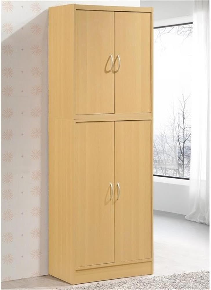 Pemberly Row 4-Door 4-Shelf Wood Kitchen Pantry, Beige Finish, 71.6 in. Height, Adjustable Shelves, Engineered Wood, Contemporary Storage Cabinet for Kitchen, Dining Room, Bathroom or Laundry Room
