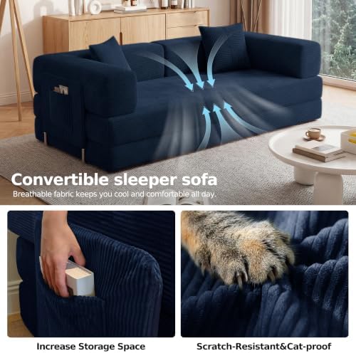 79" Convertible Futon Sofa Bed, Floor Couch for Living Room | 5-in-1 Corduroy Loveseat Sleeper Sofa, Foldable Couch with Side Pocket, Pull Out Bed, No Assembly Required,Blue