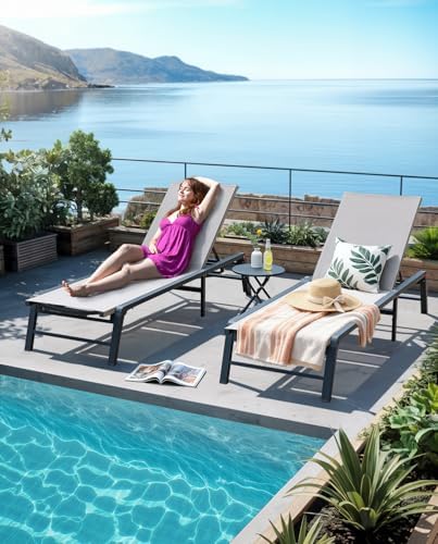 Chaise Lounge Outdoor, Aluminum Outdoor Chaise Lounge Set of 2 Assemble-Free, Patio Lounger Poolside Lay Flat Sunbathing Adjustable Backrest Pool Lounge Chair