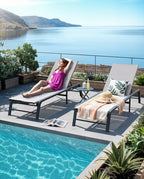 Chaise Lounge Outdoor, Aluminum Outdoor Chaise Lounge Set of 2 Assemble-Free, Patio Lounger Poolside Lay Flat Sunbathing Adjustable Backrest Pool Lounge Chair