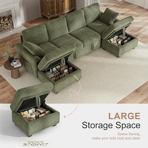Hanherry 104" Sectional Sofa with Pull Out Couch Bed,Corduroy 4 Seater Sleeper Sofa with Storage Ottoman & USB Charging,Comfy U Shaped Modular Couches for Living Room,Apartment