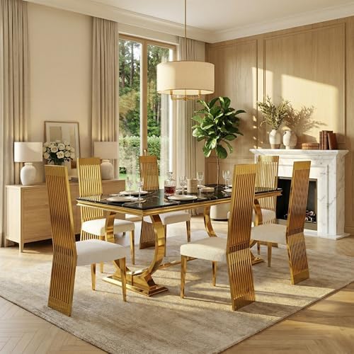 Dining Chairs Set of 6, Luxury Upholstered Boucle Chairs with Slatted Mirrored Polished Metal High Back and Legs, Modern White and Gold Dining Chairs with Breathable Backrest