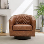 Pia Ricco Swivel Barrel Accent Chairs Set of 2, 360° Swivel Round Single Sofa Chair, Faux Leather Comfy Upholstered Club Armchair with Nailhead Trim for Living Room/Reading Room/Bedroom, Brown