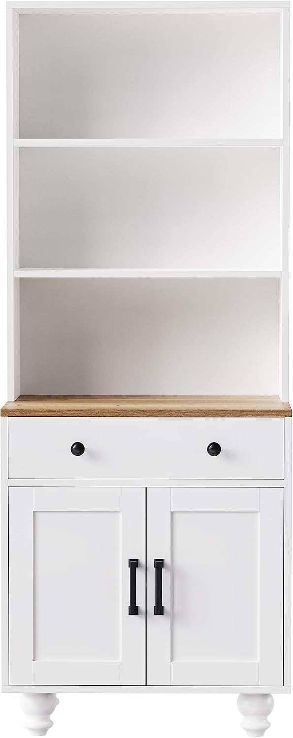DSHADE Farmhouse Pantry Cabinet with 4 Solid Wood Gourd-Shaped Legs, Modern Kitchen Cabinet with Adjustable Shelves, 5 Tier Bookshelf with Drawer for Living Room, White