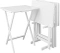 HomeStock Antique 5-Piece Solid Wood Folding Tray Table Set with Storage Stand 4 Durable TV Tables for Living Room or Snacks, 19" x 14.75" x 25.5" White