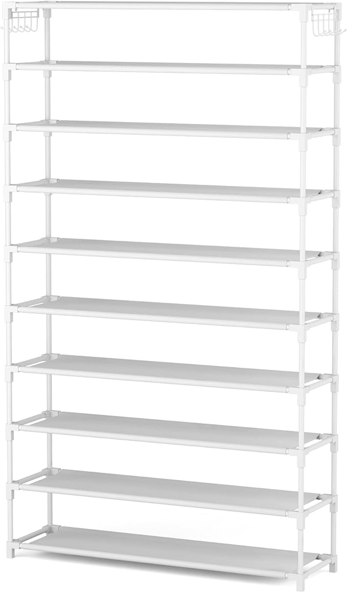 10 Tiers Shoe Rack 50 Pairs Large Capacity Tall Shoe Organizer Sturdy Shoe Storage with Two Hooks Space Saving Metal Wide Shoe Rack for Closet, Entryway, Bedroom, White