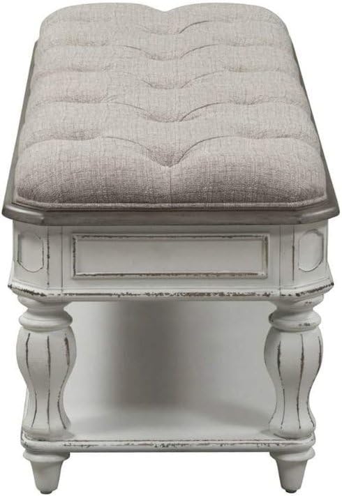 Starlight Canyon Home Antique White Bedroom Bench with Storage Shelf, Upholstered End of Bed Bench with Faceted Legs and Ivory Tweed Seat for Elegant Comfort
