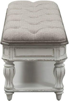 Starlight Canyon Home Antique White Bedroom Bench with Storage Shelf, Upholstered End of Bed Bench with Faceted Legs and Ivory Tweed Seat for Elegant Comfort