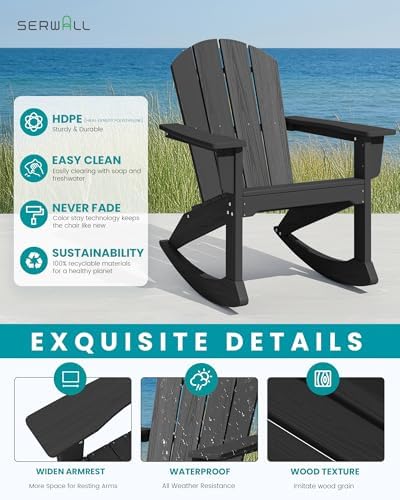 SERWALL Outdoor HDPE Adirondack Rocking Chairs, All-Weather, Black, 2PCS | The rocking chair features safe rocking design, ergnomic structure and all-weather HDPE frame for lasting outdoor use