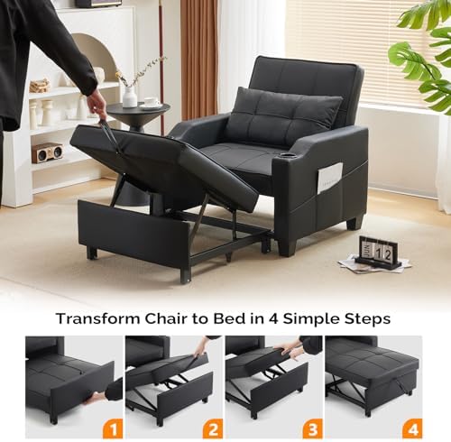 VINGLI Convertible Sleeper Chair Bed, Pull Out Sofa Couch for Living Room | Black 3-in-1 Sofa Bed, Faux Leather Recliner with Adjustable Back, USB Port, Cup Holder, Side Pocket for Small Space, Office