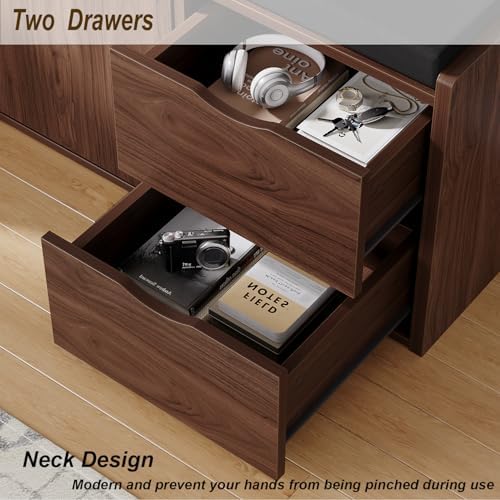 LVB 40” Entryway Bench with Padded Seat Cushion Shoe Bench with 2 Drawers | Wood Hidden Shoe Bench with 2 Drawers Cabinet, Industrial storage Bench for Foyer entrance Living Bedroom, Walnut Oak