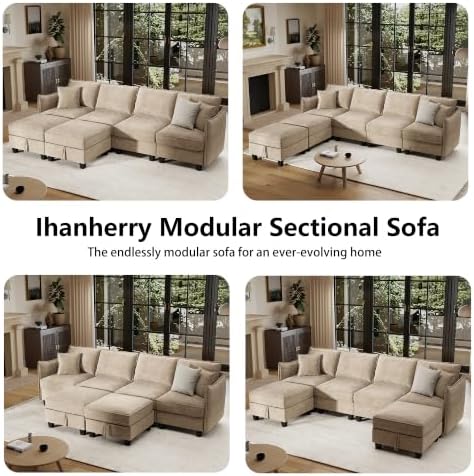 Ihanherry 112" Modular Sectional U-Shaped Sofa, Modern 6-Seat Cloud Couch with 2 Storage Ottomans, Soft Chenille Fabric Sectional Set for Living Room Bedroom Apartment, Brown