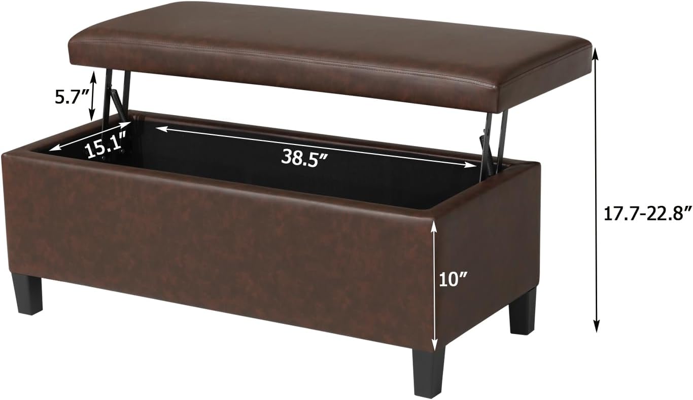 Adeco 42" Storage Leather Bench for Living Room – Black & Red Two-Tone End of Bed Storage Bench, Multi-Functional Top-Lift Coffee Table Ottoman with Storage for Bedroom or Entryway