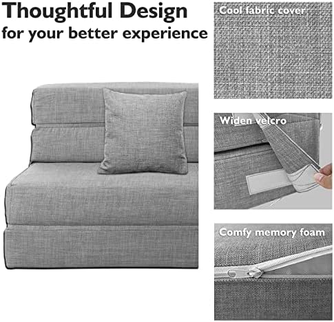 Folding Sleeper Chair Sofa Bed Lazy Couch with Pillow, Fold Out Chair Bed | Foam Futon Floor Couch, Convertible Sofa for Small Space Apartment Guest Room, Twin Size, Light Gray