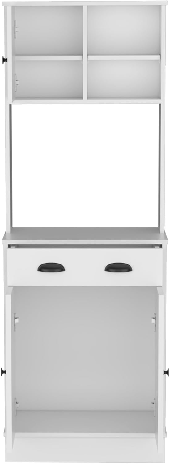 Kitchen Pantry 67" H, Two Cabinets, Three Doors, Two Open Shelves, One Drawer, Microwave Storage Option, White