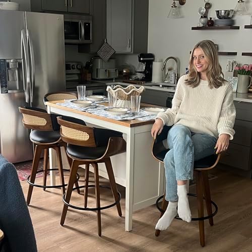 Rattan Swivel Counter Stools, Mid Century Modern Counter Stools with Back | Natural Bentwood Frame, Walnut Crafts, Curved Arms, Faux Leather Upholstered Seat, Swivel Counter Stools for Island, Kitchen