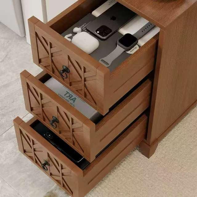 End Table with 3 Drawers and 2 Open Shelves, Walnut Finish Corner Table for Bedroom