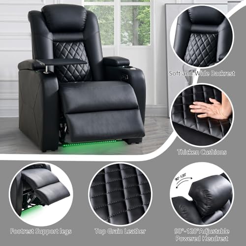 Home Theater Seating, Classic Series Leather Movie Theater Chairs, Power Headrest and Memory with C-Type USB Charger, 7-Color Ambient Lighting and Tray Table, Black Power Adjustable Recliner(Row of 4)