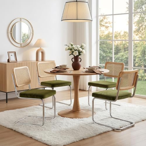 Rattan Dining Chairs Set of 2,Mid Century Modern Cane Back Chairs with Velvet Thickened Cushion, Solid Wood Back and Metal Legs for Dining Room/Kitchen/Living Room,Green