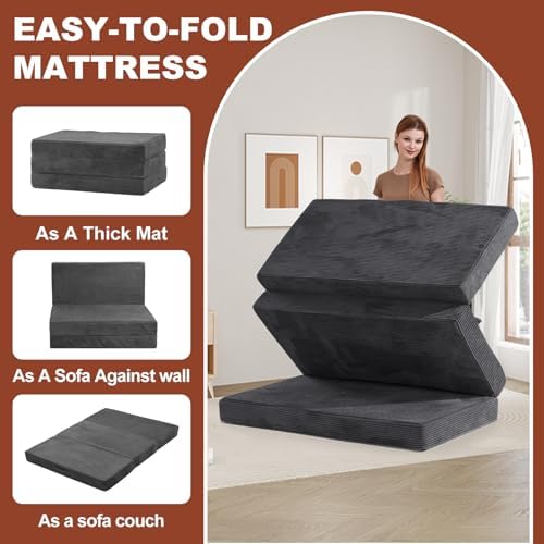 6-Inch Tri-Fold Foldable Mattress, Folding Sofa Bed with Removable Washable Cover, Portable Futon Mattress Full Size Floor Guest Mat with Non-Slip Bottom & Carry Handles for Camping (Grey, Queen)
